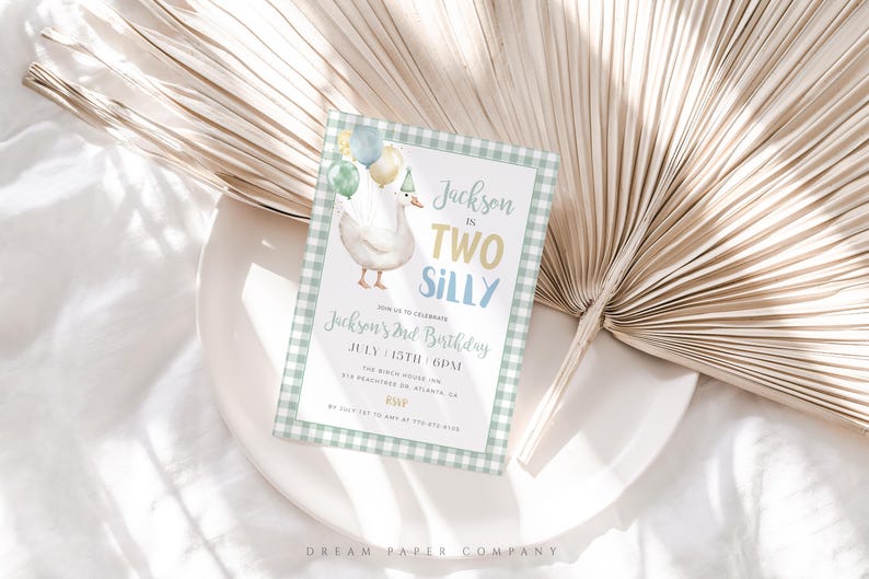 May include: A birthday invitation featuring a goose illustration with balloons. The invitation has a green and white gingham border and the text "Jackson is TWO SILLY". Event details are also included on the card.