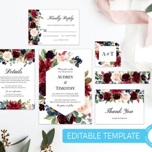 Burgundy Wedding Invitation Suite Template Floral Wedding Invitation Template Editable Wedding Invite Instant Download Burgundy Invite Set