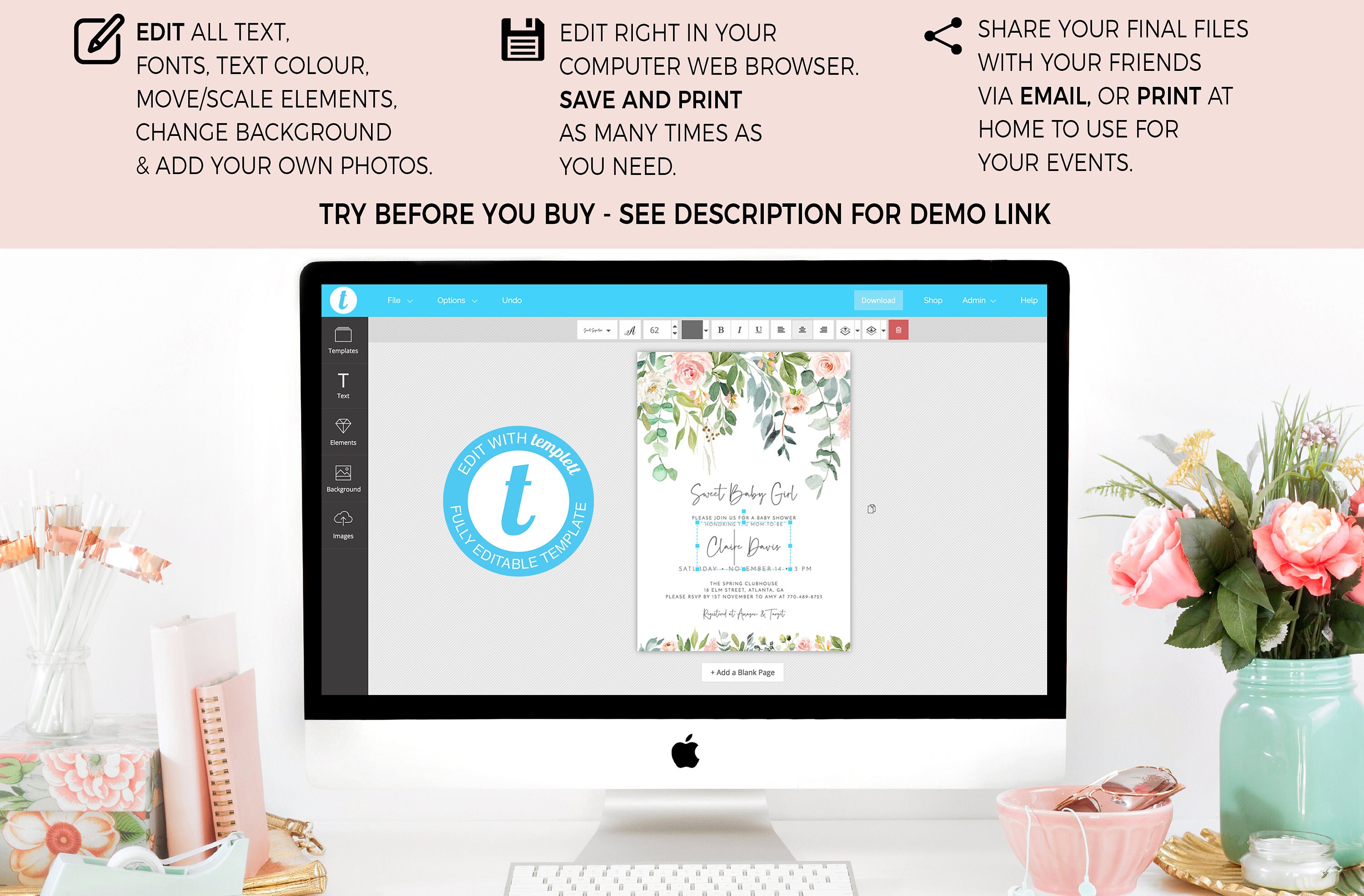 Modern Arch Wedding Menu Blush Floral Menu Card Editable Etsy