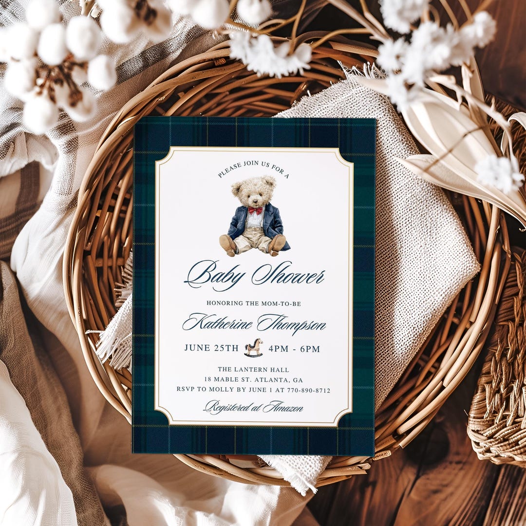 Polo Teddy Bear Baby Shower Invitation, Preppy Teddy Bear, Green Tartan ...