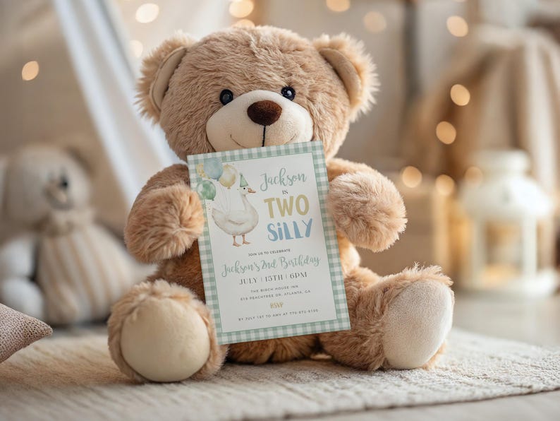 May include: A brown teddy bear holding a birthday invitation. The invitation features a cartoon goose, the text "Jackson in TWO SILLY", and event details. The invitation has a light blue and green gingham border.