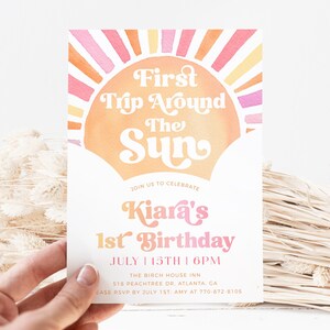 First Trip Around The Sun Birthday Invitation, Baby Girl Invite, 1st Birthday Invitation, Boho Sun Invitation, Girl Sunshine Boho Invitation