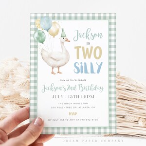 May include: A birthday invitation with a watercolour illustration of a goose wearing a party hat and holding balloons. The invitation reads "Jackson is TWO SILLY" and includes event details. The design has a green and white gingham border.