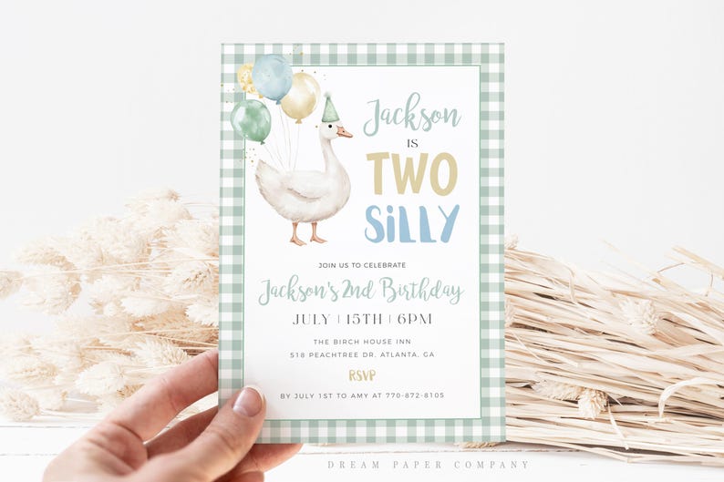 May include: A birthday invitation with a watercolour illustration of a goose wearing a party hat and holding balloons. The invitation reads "Jackson is TWO SILLY" and includes event details. The design has a green and white gingham border.