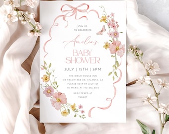 Coquette Baby Shower Invitation Template, Girl Baby Shower Invite, Pink Bow Baby Shower, Editable Template, Pink Coquette Floral Ribbon