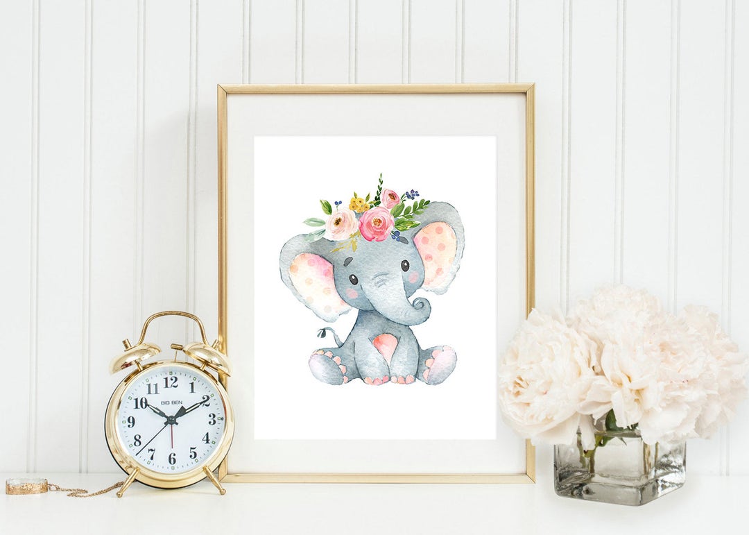 Elephant Printable Nursery Elephant Wall Art Pink and Gray Floral