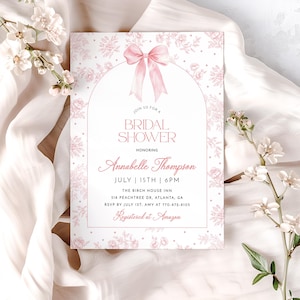 Plantilla de invitación para despedida de soltera con lazo rosa, invitación con estampado floral rosa, estilo chinoiserie vintage, elegante invitación para despedida de soltera, plantilla editable imagen 1
