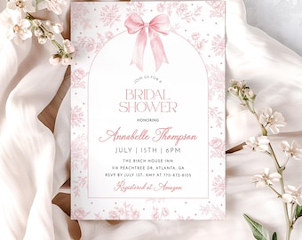 Modèle d'Invitation pour la douche nuptiale avec noeud rose, toile florale rose d'invitation, chinoiseries vintage, invitation élégante pour la douche nuptiale, modèle modifiable