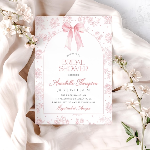 Pink Bow Bridal Shower Invitation Template, Pink Floral Toile Invite, Vintage Chinoiserie, Elegant Bridal Shower Invite, Editable Template