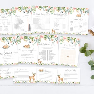 Deer Baby Shower Games Bundle, Fully Editable Shower Games, Woodland Animals Girl Baby Shower, Bingo, Diaper Raffle, Printable Games