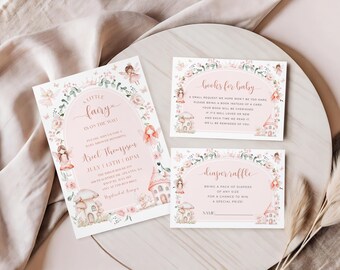 May include: Pink baby shower invitations with fairy illustrations. The invitation reads "A Little Fairy is on the Way" with event details. Additional cards request books and a diaper raffle. Floral and fairy details.