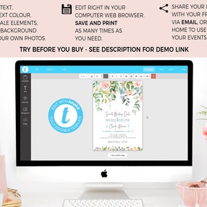 Puede incluir: Una pantalla de ordenador que muestra una plantilla digital para una invitaci&oacute;n de baby shower. La invitaci&oacute;n presenta un dise&ntilde;o de acuarela con flores rosas y hojas verdes. El texto de la invitaci&oacute;n dice "Sweet Baby Girl" e incluye un nombre y una fecha. La pantalla tambi&eacute;n muestra un c&iacute;rculo azul con la letra "T" en el centro, lo que indica que la plantilla es totalmente editable.