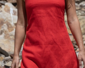Red  linen dress / mini dress with open back / summer women's dress