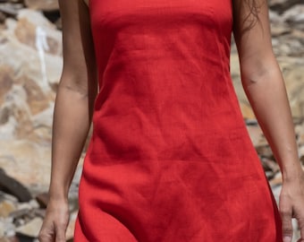 Red  linen dress / mini dress with open back / summer women's dress