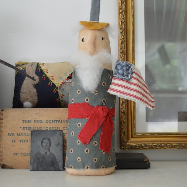 ONE (1) Americana, July 4th, patriotic, farmhouse, handmade, primitive, folk art, Uncle Sam doll ornament, cupboard tuck, basket tuck No.2