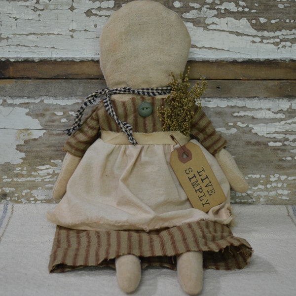 ONE (1) farmhouse, prairie, handmade, primitive, folk art, antique flour sack doll ornament, cupboard tuck, basket tuck