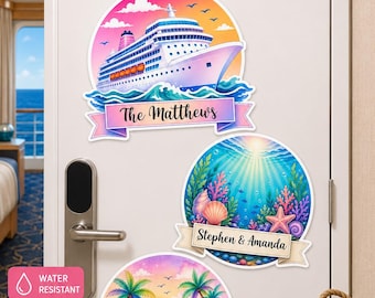 May include: Three circular custom cruise door magnets featuring colorful illustrations of a cruise ship, an underwater coral reef, and a tropical beach sunset. Each magnet includes a banner with names: The Matthews, Stephen & Amanda, and The Carter Family.