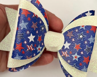 4th of July Red, White, and Blue Patriotic Star Faux Leather Hairbow