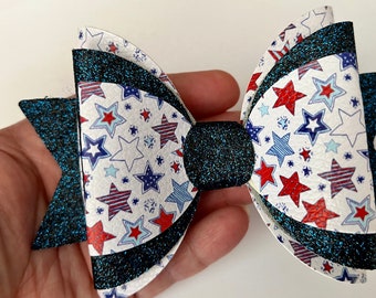 4th of July Red, White, and Blue Patriotic Star Faux Leather Hairbow