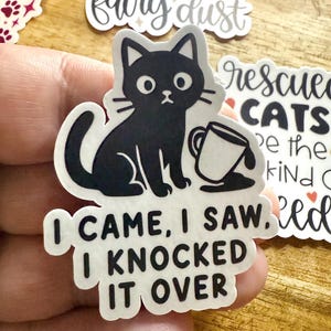 May include: A die-cut sticker featuring a black cat sitting next to a tipped-over white mug with spilled liquid. The text below the cat reads, I CAME, I SAW, I KNOCKED IT OVER, printed in bold black capital letters on a white background.