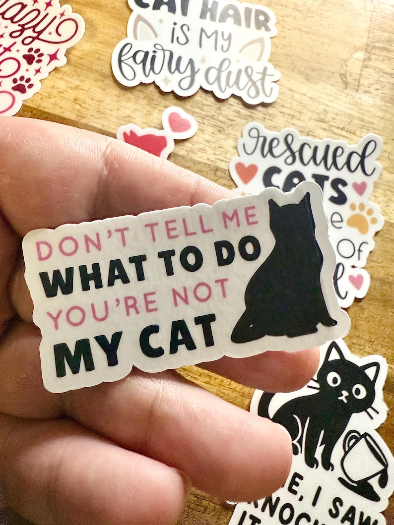 May include: A rectangular sticker with a white background featuring a black silhouette of a cat on the right side. The text reads DON'T TELL ME WHAT TO DO YOU'RE NOT MY CAT in a mix of pink and black lettering with a die-cut scalloped edge.