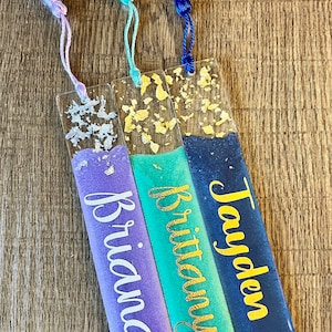 Personalized Gold and Silver Flake Resin Bookmark/Handmade Custom Name Bookmark image 3