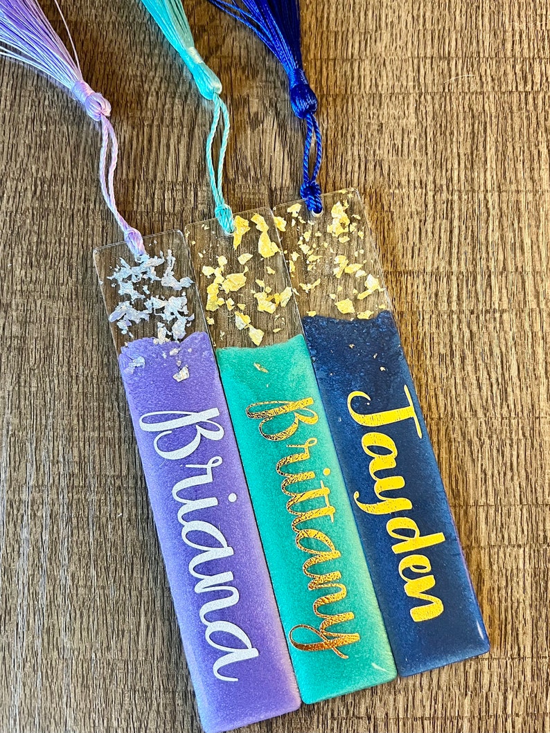 Personalized Gold and Silver Flake Resin Bookmark/Handmade Custom Name Bookmark image 3