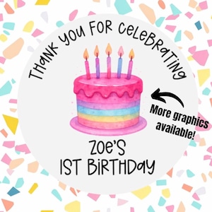 May include: A round sticker with a watercolor illustration of a birthday cake with five candles. The text reads "Thank you for celebrating" and "Zoe's 1st Birthday". The background has a confetti pattern.