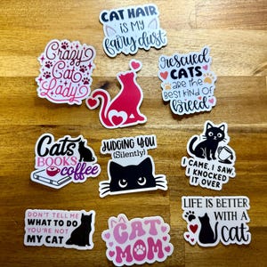May include: A collection of colorful cat-themed stickers with various phrases and illustrations. Designs include a pink cat silhouette, the text "Crazy Cat Lady," and the phrase "Cat Hair is My Fairy Dust."