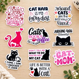 May include: A collection of ten die-cut vinyl stickers featuring cat-themed illustrations and text including Crazy Cat Lady, Cat Hair Is My Fairy Dust, Rescued Cats Are The Best Kind Of Breed, Cats Books Coffee, Judging You Silently, I Came I Saw I Knocked It Over, Don't Tell Me What To Do You're Not My Cat, Cat Mom, and Life Is Better With A Cat.