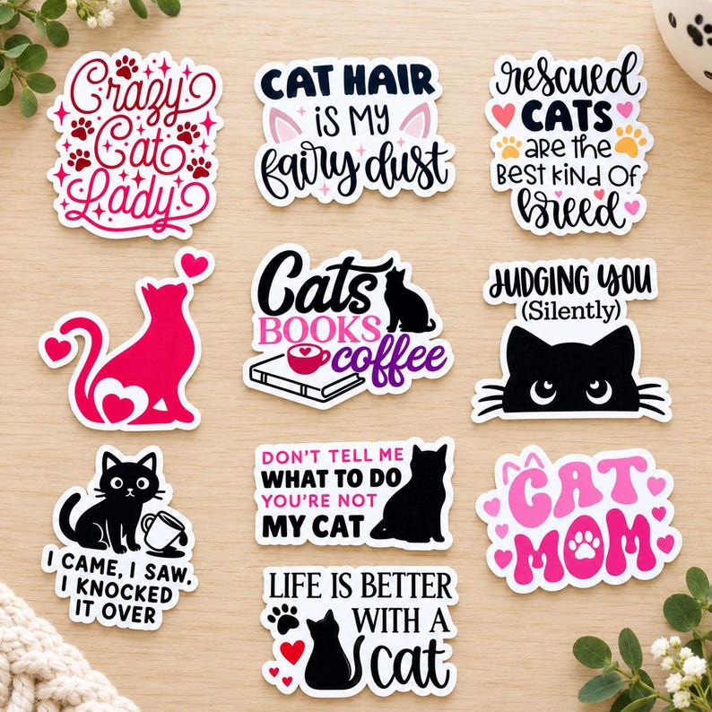 May include: A collection of ten die-cut vinyl stickers featuring cat-themed illustrations and text including Crazy Cat Lady, Cat Hair Is My Fairy Dust, Rescued Cats Are The Best Kind Of Breed, Cats Books Coffee, Judging You Silently, I Came I Saw I Knocked It Over, Don't Tell Me What To Do You're Not My Cat, Cat Mom, and Life Is Better With A Cat.