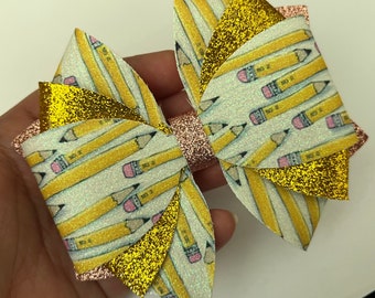 Pencil School-Themed Faux Leather Hairbow