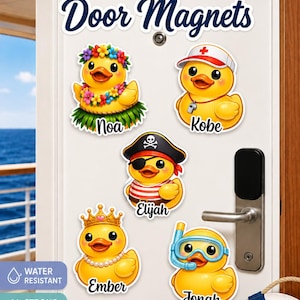 May include: Five custom rubber duck door magnets featuring the text Custom Cruise Rubber Duck Door Magnets. The ducks are dressed as a hula dancer, lifeguard, pirate, princess, and snorkeler with names Noa, Kobe, Elijah, Ember, and Jonah.