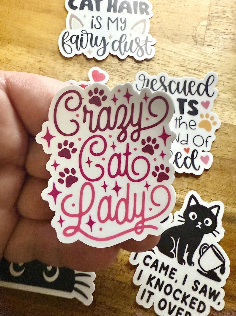 May include: A die-cut sticker featuring the text Crazy Cat Lady in dark pink script lettering, accented with small paw prints and star shapes. The sticker has a white background and a scalloped edge, with other cat-themed stickers visible nearby.