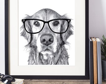 Golden Retriever Print, Dog art download, Dog with glasses art, Dog wall decor, Animal print, Dog artwork, Golden with glasses digital print