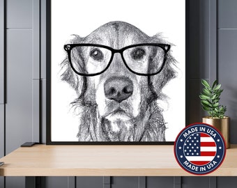 Golden Retriever With Glasses Print, Dog Art Print, Animal With Glasses Poster, Unframed Wall Decor