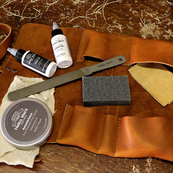 Axe Maintenance Kit - with leather tool roll, sharpening stone, sharpening file, and oils