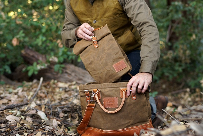 Waxed Canvas and Leather Lunch Bag Handmade image 3