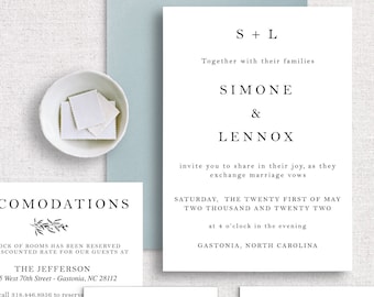 May include: Wedding invitation suite with a light blue background. The invitation features the names Simone & Lennox and the date Saturday, the twenty first of May two thousand and twenty two. The details card lists the ceremony, cocktail hour, and reception times and locations. The RSVP card includes a space for the guest's name and a choice to accept with joy or decline with regret.