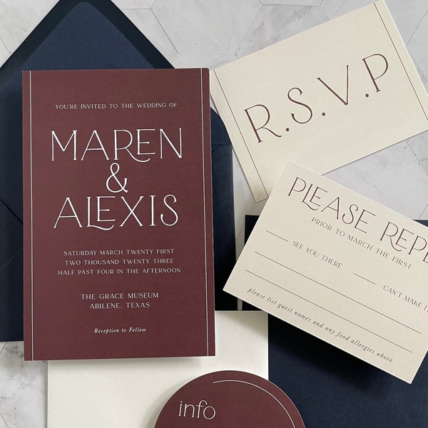 Burgundy and Navy Blue Wedding Invitation | Custom wedding invitation with modern font and fall/winter colors | Invite and RSVP