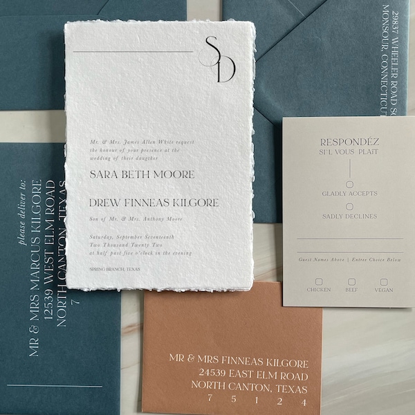 Steel Blue and Rust Wedding Invitation Set | Simple Invitation with initial monogram | Handmade paper wedding invitations