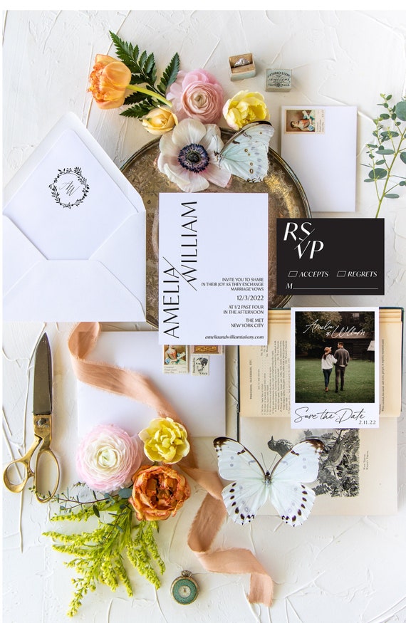 Black and White Wedding Invitation Minimalist Wedding Etsy