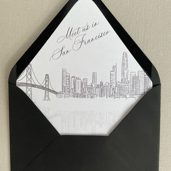 Printed San Francisco Skyline Envelope Liners for A7, A9, Square Envelope, Envelope Liner with San Francisco Skyline Illustration/Drawing