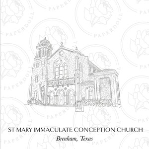 May include: A black and white line drawing of St. Mary Immaculate Conception Church in Brenham, Texas. The image shows the church's facade, with detailed architectural elements such as arched windows and a bell tower. Text at the bottom reads "ST MARY IMMACULATE CONCEPTION CHURCH Brenham, Texas".