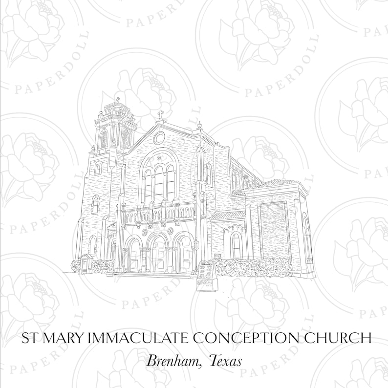 May include: A black and white line drawing of St. Mary Immaculate Conception Church in Brenham, Texas. The image shows the church's facade, with detailed architectural elements such as arched windows and a bell tower. Text at the bottom reads "ST MARY IMMACULATE CONCEPTION CHURCH Brenham, Texas".