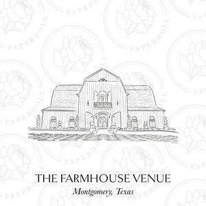May include: A black and white line drawing of a barn-style venue, with the text "THE FARMHOUSE VENUE" and "Montgomery, Texas". The building has a central entrance, windows, and a balcony. A floral pattern is in the background.