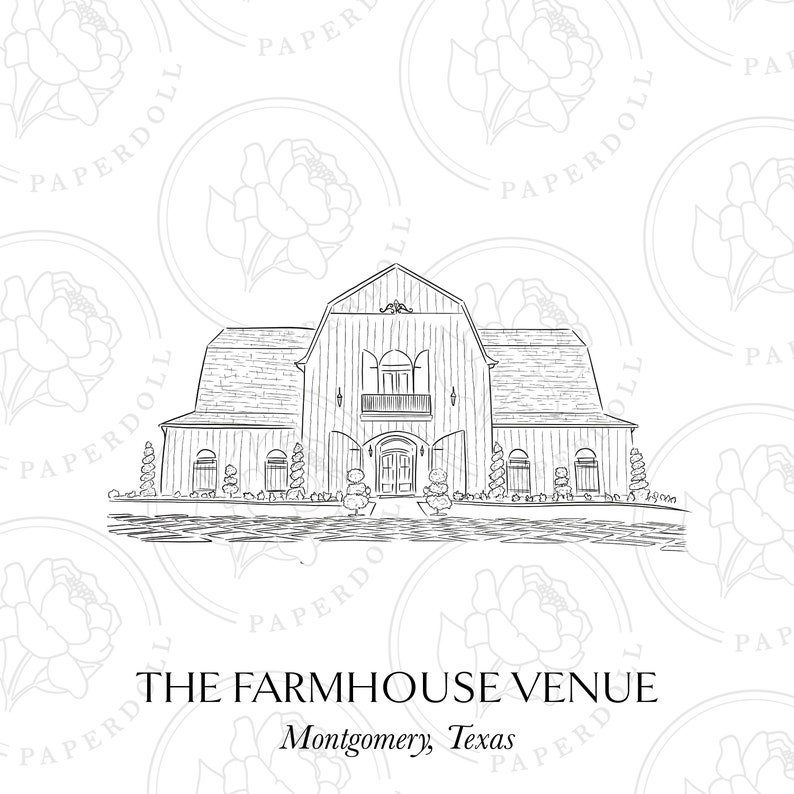 May include: A black and white line drawing of a barn-style venue, with the text "THE FARMHOUSE VENUE" and "Montgomery, Texas". The building has a central entrance, windows, and a balcony. A floral pattern is in the background.
