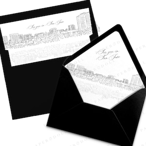 Druckbare San Jose Skyline Umschlag Liner Sofort Download schwarz und weiß Linie Kunst A7 Euro Klappe und quadratische Klappe DIY Hochzeitseinladung