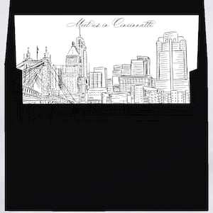 Druckbare Cincinnati Skyline Umschlag Liner sofortiger Download schwarz und weiß Linie Kunst A7 Euro Klappe und quadratische Klappe DIY Hochzeitseinladung