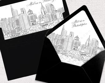 Printable Philadelphia Skyline Envelope Liner Instant Download Black and White Line Art A7 Euro Flap and Square Flap DIY Wedding Invite